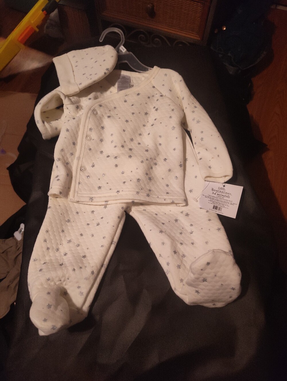 Cream Quilted Baby Pajama Set with Hood and Star Print